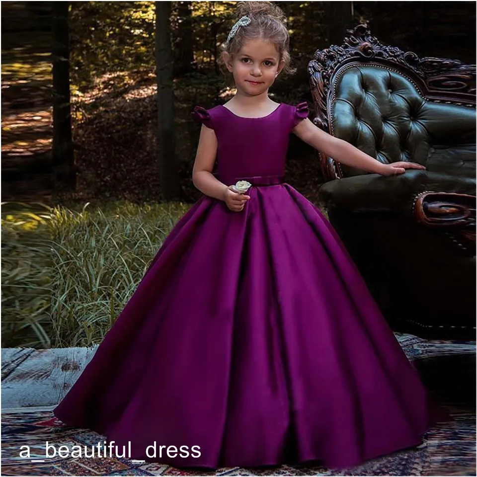 Festa de aniversário roxo da flor de cetim Vestidos menina Bow Voltar Princesa Vestidos da criança Meninas Pageant Vestido Primeira Comunhão Vestidos FG1342