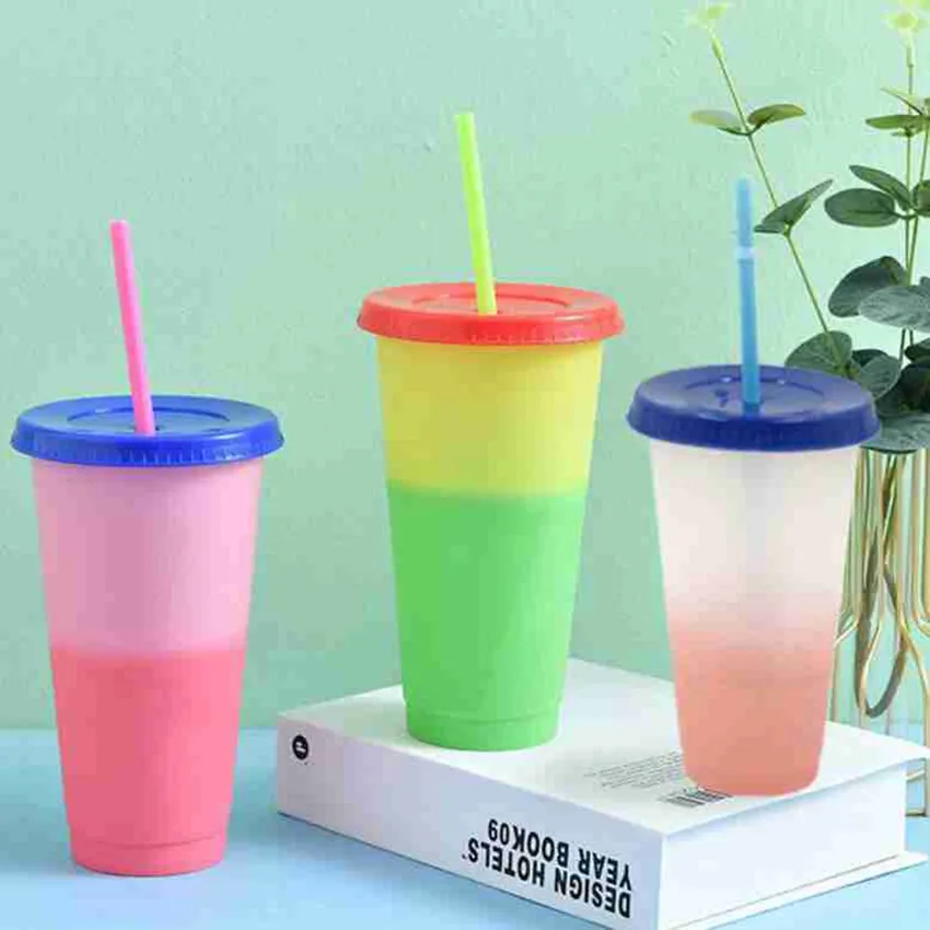 700 ml PP Color Change Cups Kleurrijke Koud Water Kleur Veranderende Tumblers Koffiekopje Mok Waterflessen met Rietjes Zza2344 Ocean Shipping