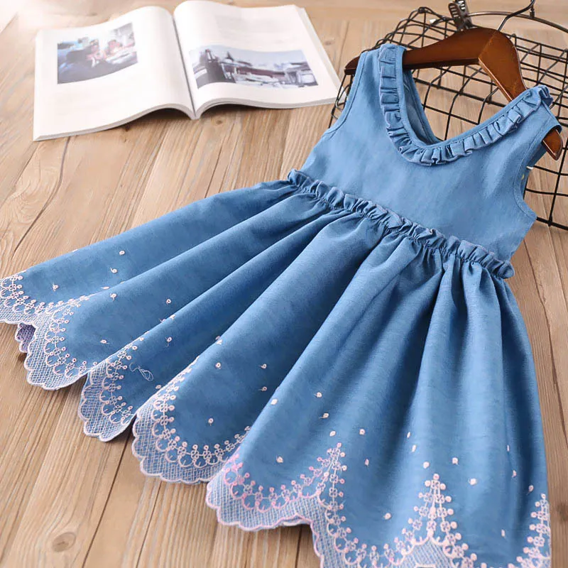 Abito da bambina con scollo a V per bambini Abito da principessa in denim con volant 2019 estate Boutique di moda Abbigliamento per bambini C6018