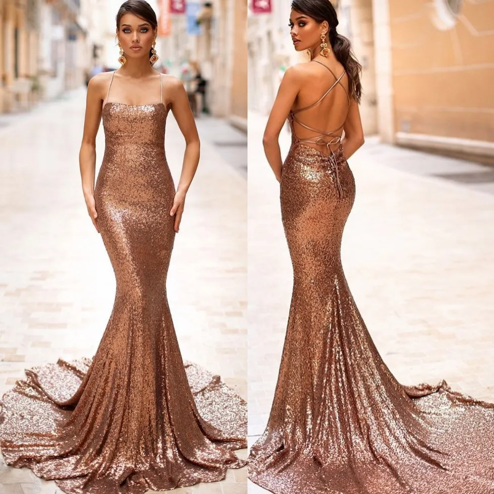 Gold Mermaid Sequined Backless Prom Dresses Spaghetti Straps Sleeveless Evening Gowns Plus Size Sweep Train Formal Dress