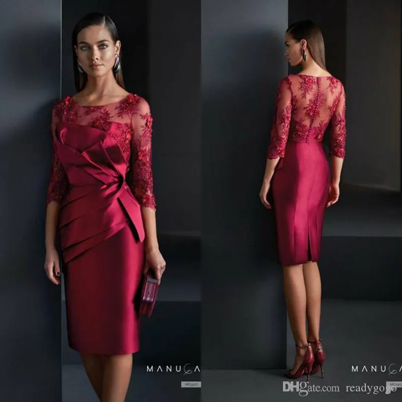 Dark Red Short Sheath Mother Of The Bride Dresses Satin Lace Appliqued Knee Length Wedding Guest Dress 3/4 Sleeve Formal Evening Gowns 2024