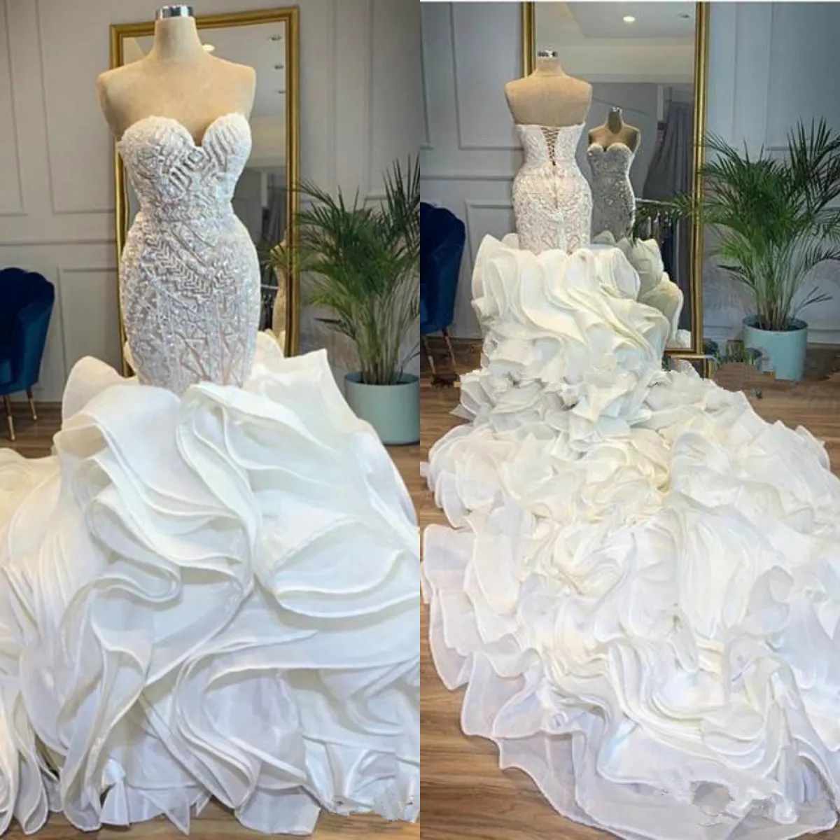 Cascading Ruffles Cathedral Train Mermaid Wedding Dresses Bridal Gowns 2021 Sweetheart Corset Back Pärled Work Arabic Church Plus 231i