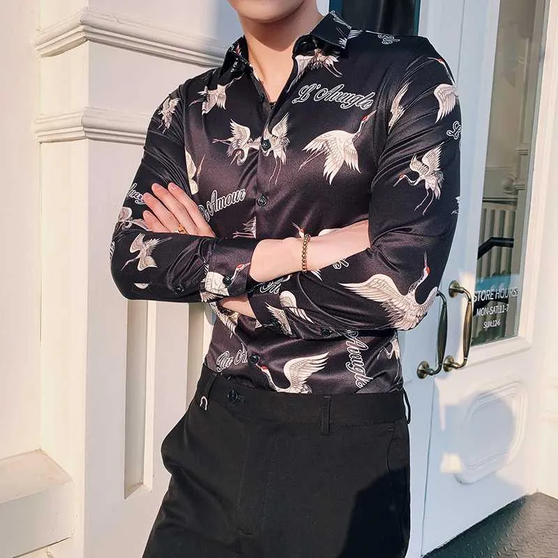 패션 새로운 패턴 조류 인쇄 바로크 슬림 맞는 파티 클럽 남성 Camisa Homem 남성 긴 소매 셔츠 봄 의류