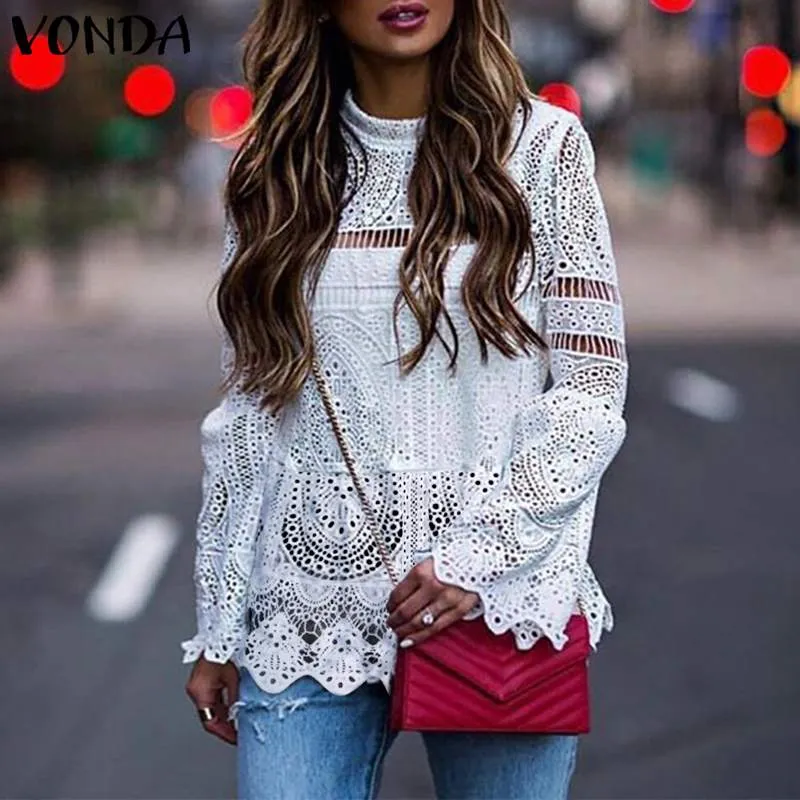 Vonda 2019 Kadınlar Seksi Hollow Üst Bluz Kadın Rahat Uzun Kollu Düzensiz Hem Patry Blusas Plaj Bayanlar Gömlek Artı Boyutu Tops