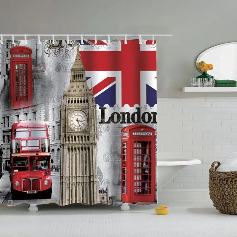 Dafield London Shower Curtain British Big Ben UK Jack Flag Phone Boot Tower Bridge London City Street Shower Curtain