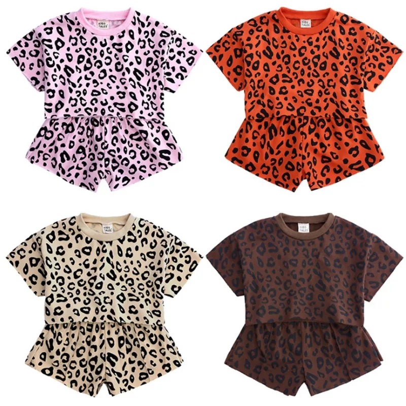 Bebés Meninas Roupas Define menina Leopard Camisas Shorts 2pcs Roupa Set manga curta crianças Conjuntos Causal bebê do verão 4 cores DHW3097 Atacado