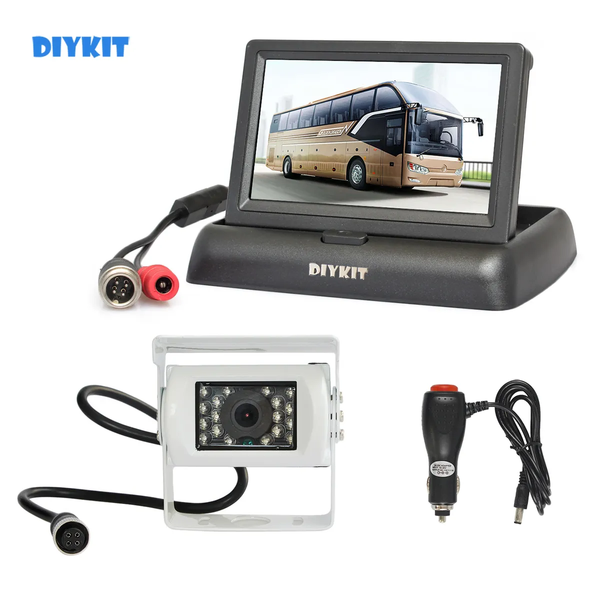 DIYKIT DC12V-24V 4PIN 4.3inch Reverse Rear View Car Monitor Waterproof CCD Backup Night Vision Bus Truck Camera White