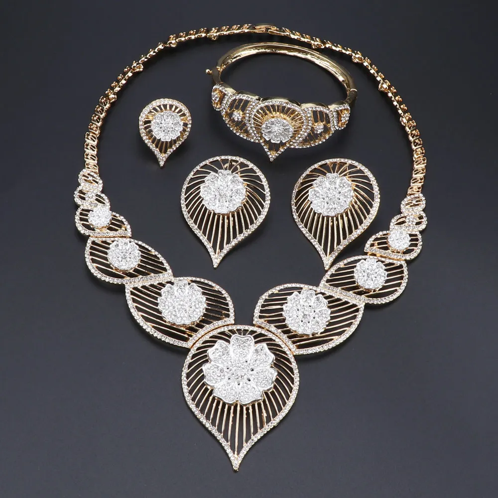 Conjuntos de joyería de color dorado de alta calidad, cuentas africanas de boda nigeriana, joyería, collar, pulsera, pendientes, conjunto de anillo