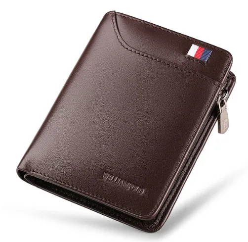 Men's Genuine Cow Leather Short Wallet with Zipper Closure and