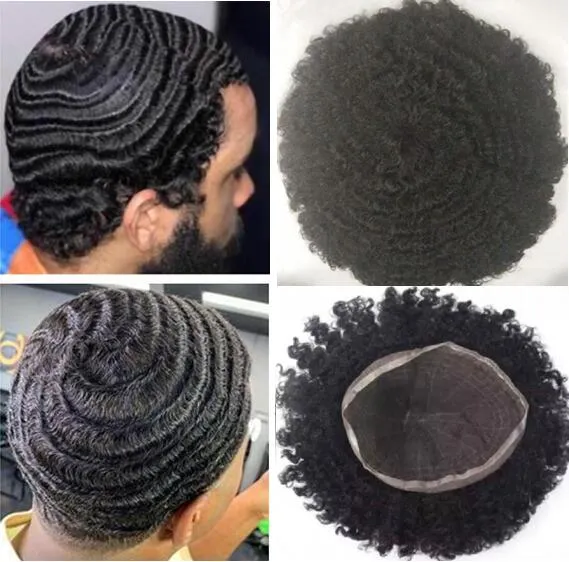 Afro Curl 360 Dalga Afro Toupee Tam Dantel Peruk Erkek Saç Peruk Erkekler Hairpieces Avrupa Virgin İnsan Saç Değiştirme Siyah Erkekler Için
