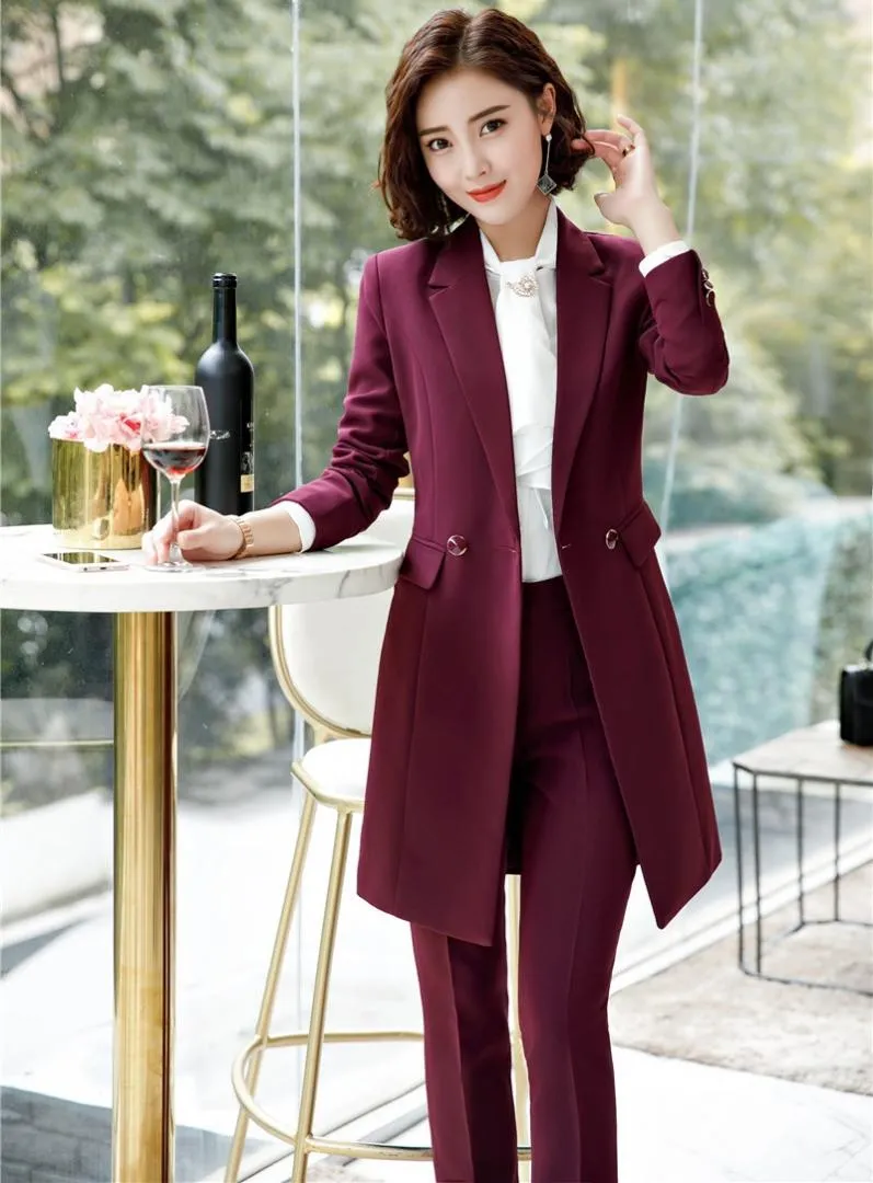 Novelty Wine Uniforms Styles Female Pantsuits With Middle Long Blazers Coat  And Pants For Business Women Pants Suits Fall Spring