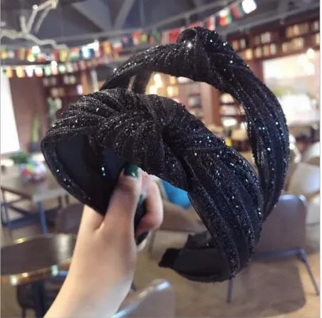 High-end butik saç aksesuarları kadın elmas süper flaş kumaş orta düğümlü yay geniş kenarlı moda hairband kafa GB1074