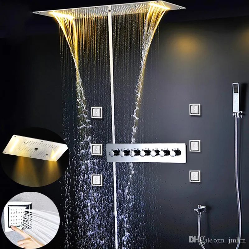 Luxury LED Shower Set Bathroom Faucets Accessories Overhead Big Rain Shower Head Tap Waterfall SPA ColumnThermostatic Multifunction Shower