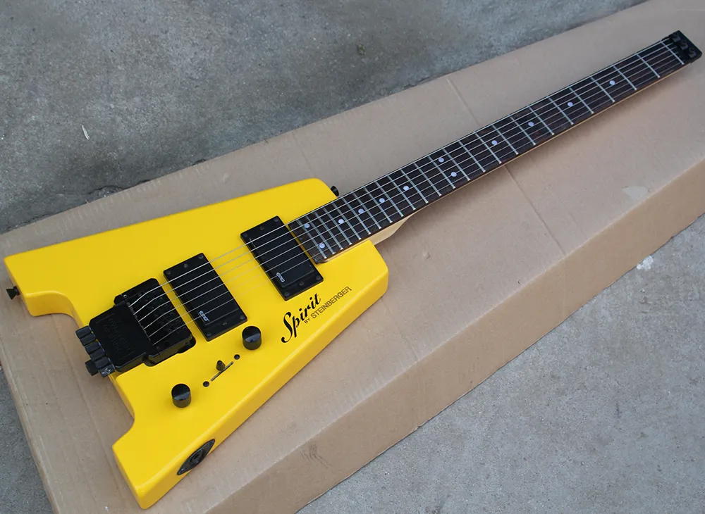 黄色のヘッドレスエレクトリックギターEMGピックアップ、フロイドローズ、ローズウッドフレットボード、24フレット、リクエストとしてカスタマイズできます。