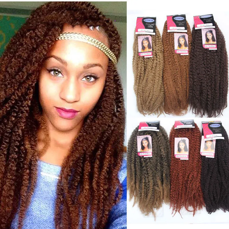 Afro culry Marley Braids Twist Virkad Flätning Hårfärg svart brun blond Ombre Burgundy Kanekalon Syntetiskt Kinky Lockigt hårförlängning