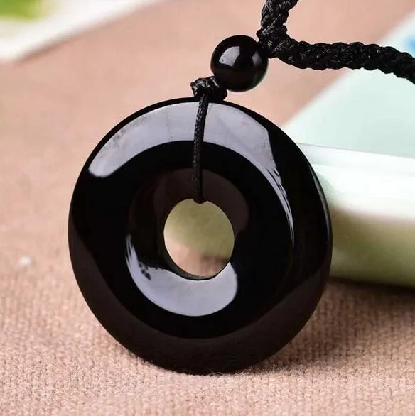 Natural Obsidian China Safety Buckle Pendant Donut Necklace Glamour Jewelry Fashion Accessories Hand Carved Amulet Gift