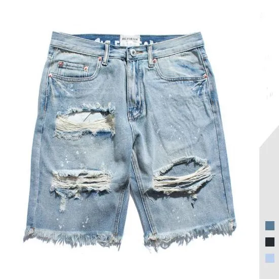 Jeans masculino Novo rua distringiram a cor machada de cor sólida shorts machos buracos de tamanho asiático