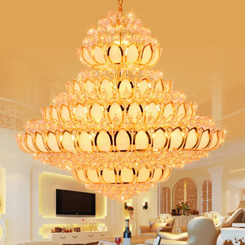 Light Light Modern Crystal Candeliers Lights Fixtle American Gold Candelier Lotus Flower Temple Lamp Home Villa Hotel Big Crystal Droplight