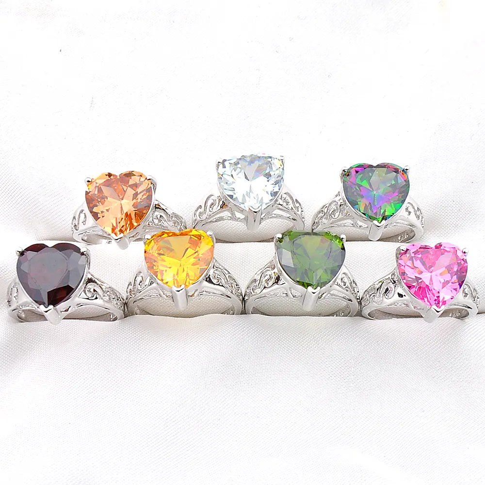 Wholesale Mix Color 10 Pcs/Lot Valentine's Day Gift Jewelry Love Heart Topaz Cubic Zirconia Gemstone 925 Silver Plated Fashion Women Ring