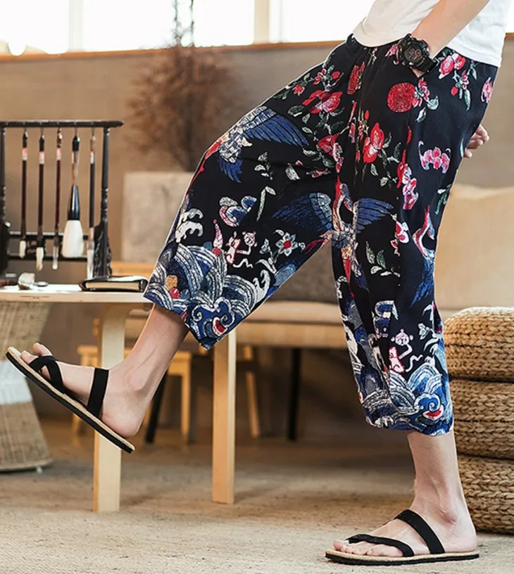 2019 Designer Mens Clothes New Beach Pants Loose Cropped Trousers Joggers Men New Fashion Linen Harem Pants Long Printed Pants Men Trousers