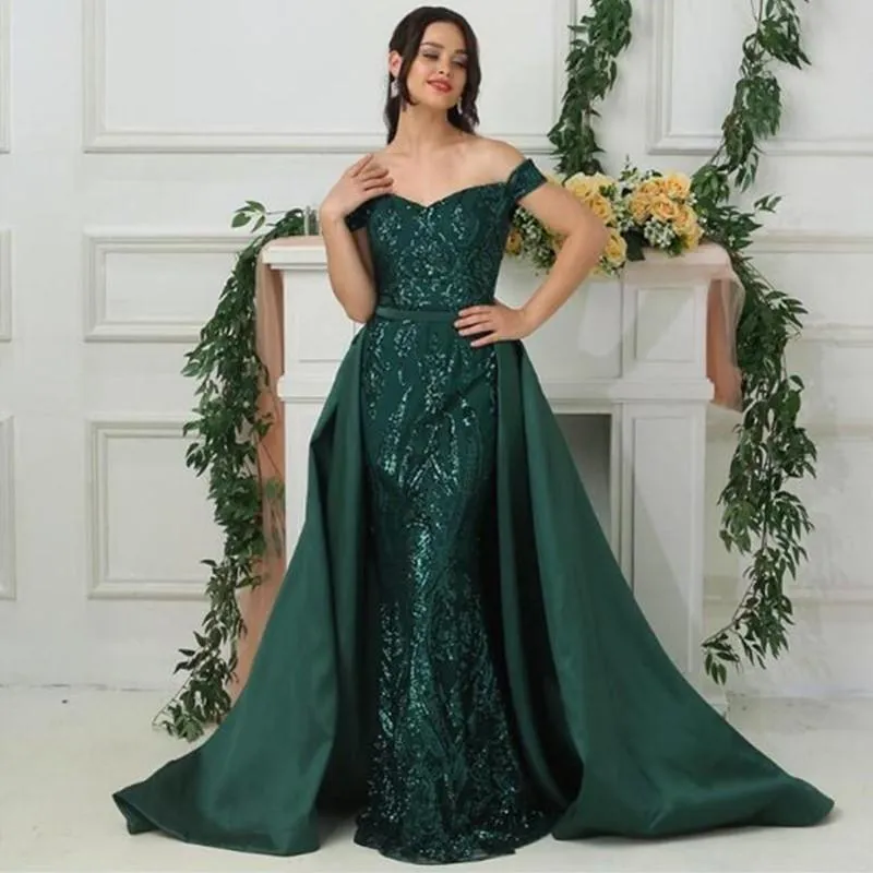 Sexy Dark Green Mermaid Prom Dresses Pailletten Afrikaanse Formele Avondjurk Party Dragen met afneembare overskirt Gewaden De Soirée 53