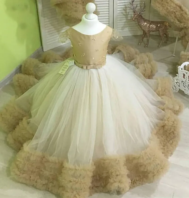 Champagne and White Baby Girl Birthday Party Dresses Ruffle Kids Beauty Pageant Flower Girls Dresses primera comunion