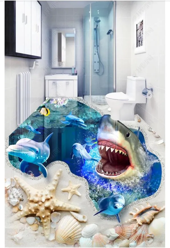 Customized 3D photo mural wallpaper pvc self-adhesive waterproof flooring wall sticker Thrilling shark sea hole 3D floor papel de parede