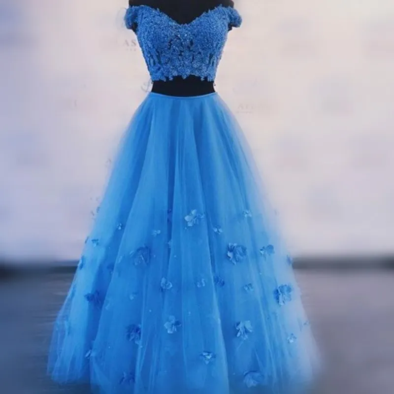 princess polly baby blue dress Blue Two Piece Off-the-Shoulder Lace Prom Dresses SP672