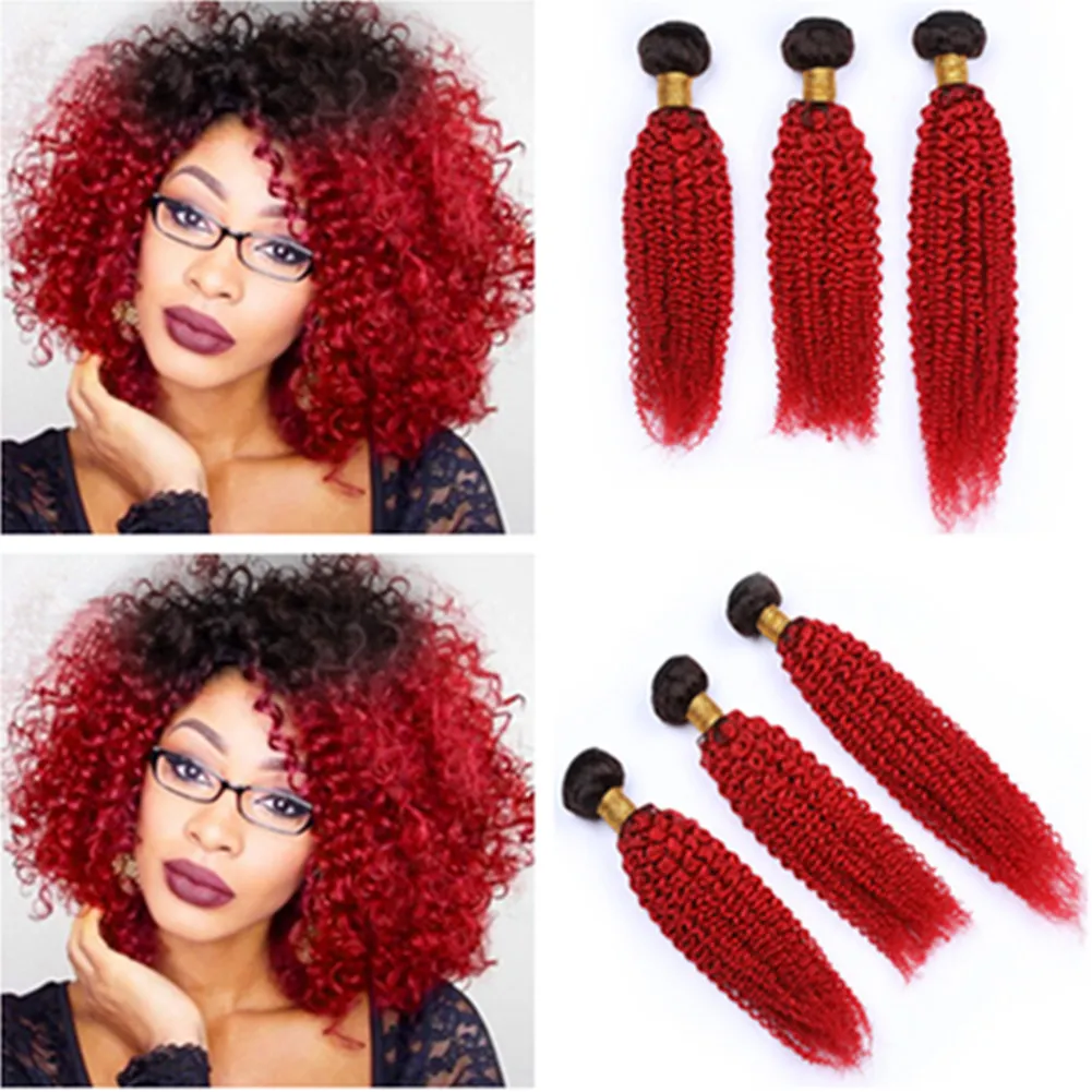 # 1B / Rouge Ombre Crépus Bouclés Brésiliens Cheveux Humains Weave Bundles 3Pcs 300g Rouge Ombre Crépus Bouclés Extensions de Cheveux Humains Double Trame 10-30"