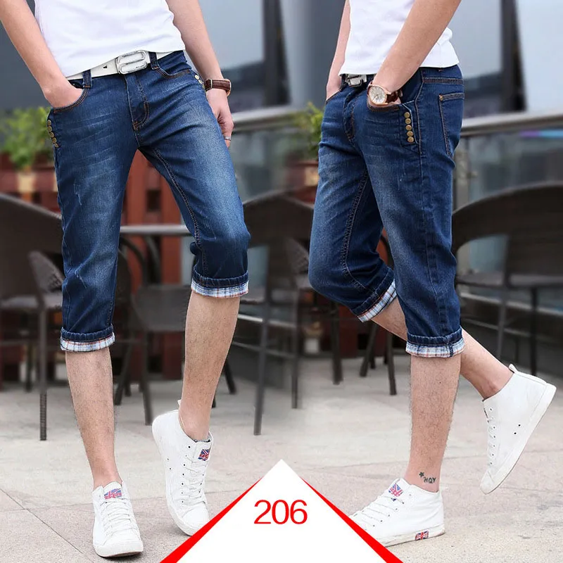 New summer 2020 fashion teenagers cropped jeans men Korean slim denim shorts breeches stretch capric pants men thin 3/4 jeans