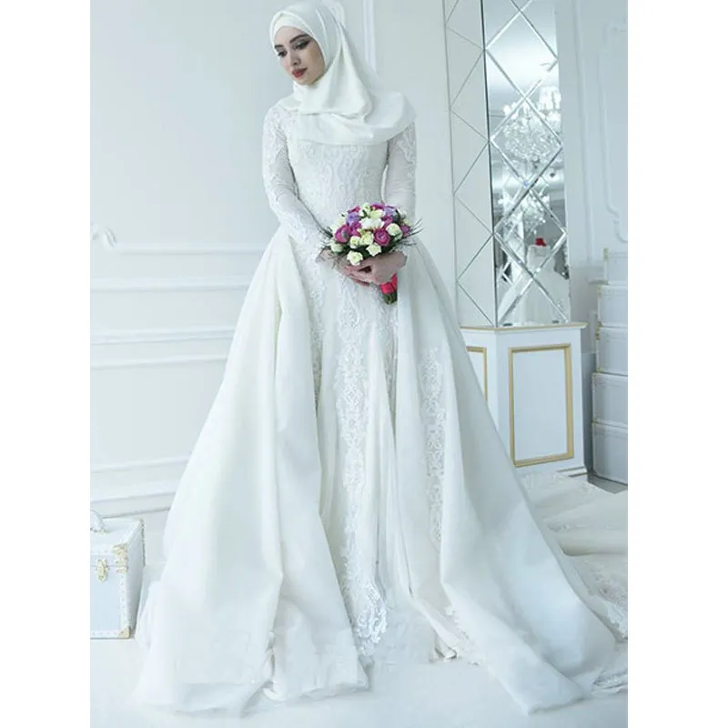 High neck Arab mermaid Wedding Dresses With 2019 Beads Long Sleeves Muslim Bridal Zipper Back Wedding Turkey East Gowns vestido de noiva