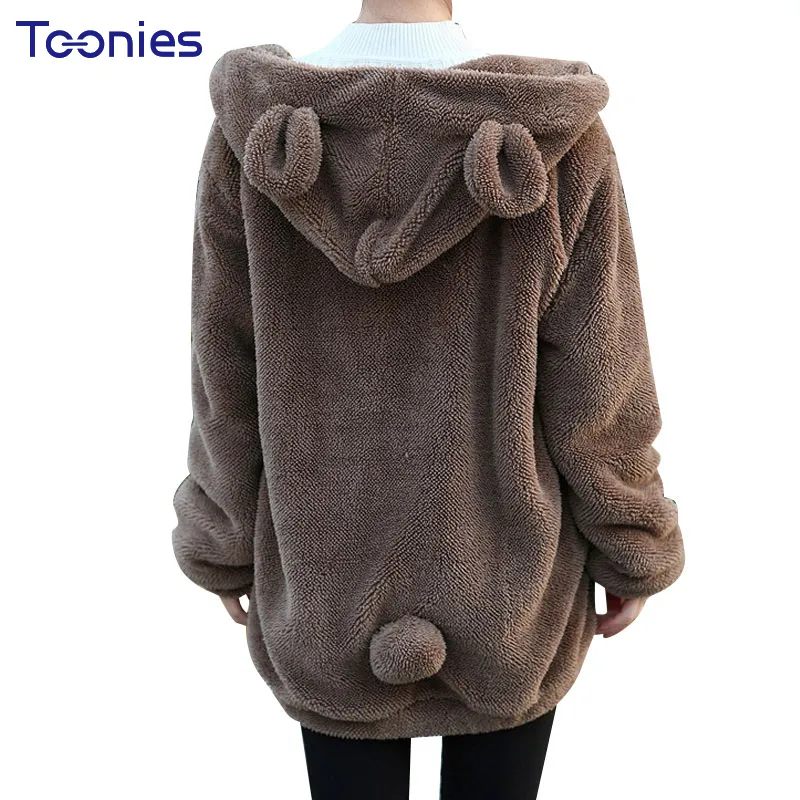 Femmes hiver en peluche sweat à capuche surdimensionné épais décontracté ample mignon à capuche avec ours oreilles poches fermeture éclair automne fille sweats à capuche