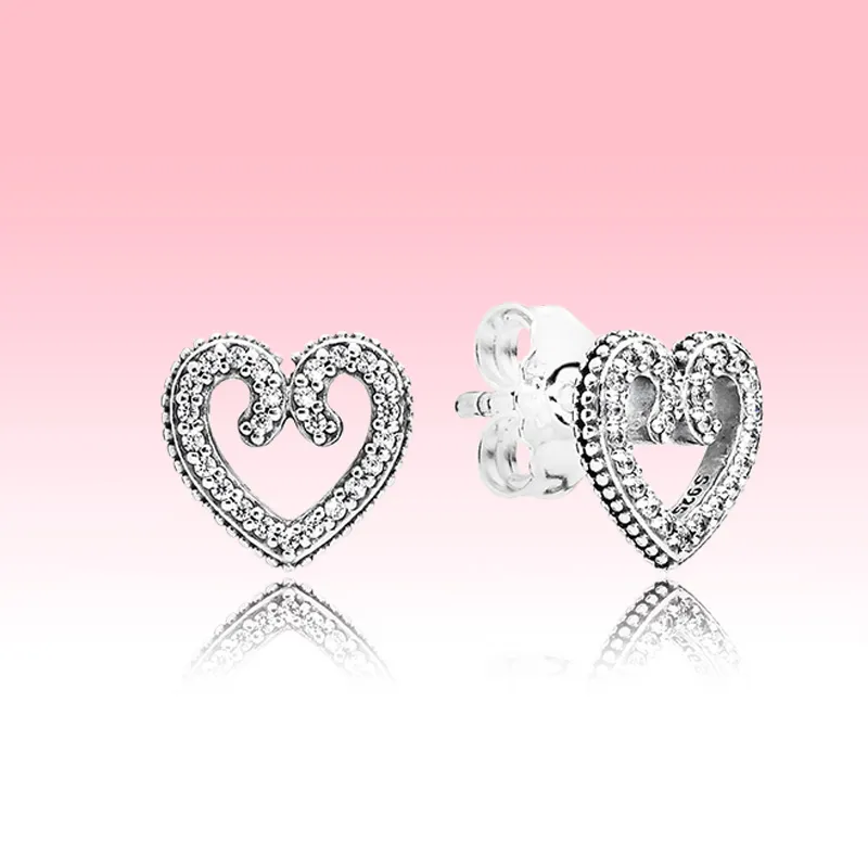 Real 925 Sterling Silver Love heart Earring Wedding Gift Jewelry for Pandora CZ Diamond Hearts Stud Earrings with Original retail Box