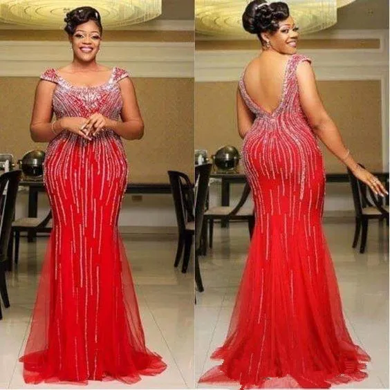 Plus Size Aso Ebi Prom Pageant Robes 2020 Sweetheart Cap Manches De Luxe Perlé Paillettes Rouge Sirène Occasion Africaine Robes De Soirée