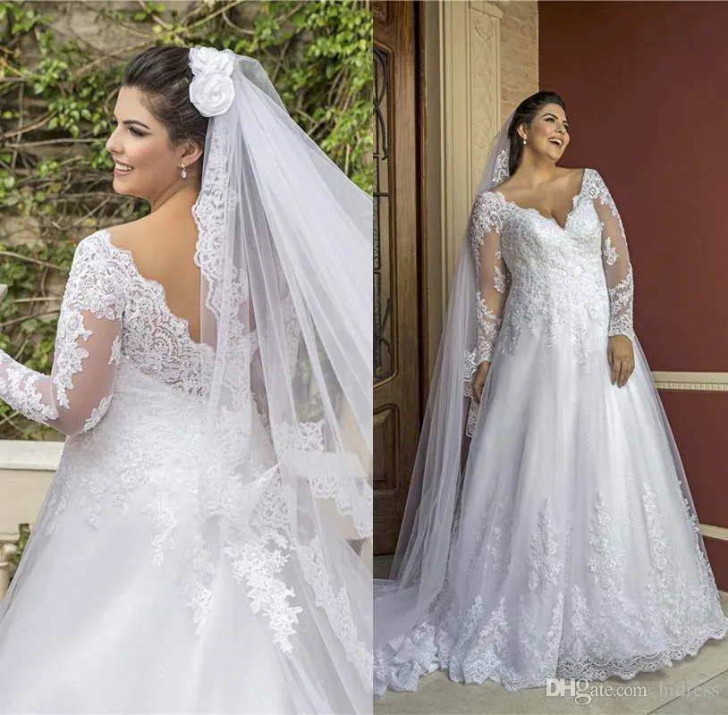 Abiti da sposa taglie forti in pizzo scollo a V maniche lunghe abiti da sposa abito da sposa con corpetto illusione senza schienale personalizzato