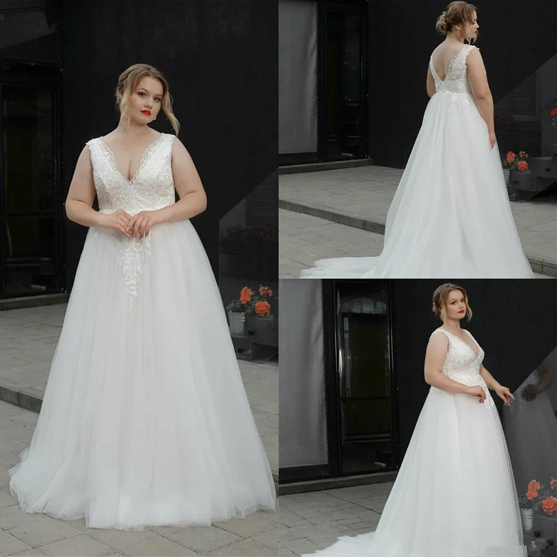2019 Plus Size Wedding Dresses V Neck A Line Floor Length Fat Women