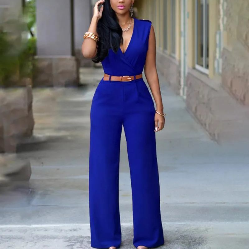 Women s Jumpsuits Rompers Business Formal Jumpsuit Work Wear Women Elegant Long Deep V Neck Wrap Solid Belt Shirt Elastic Waist Wide Leg1