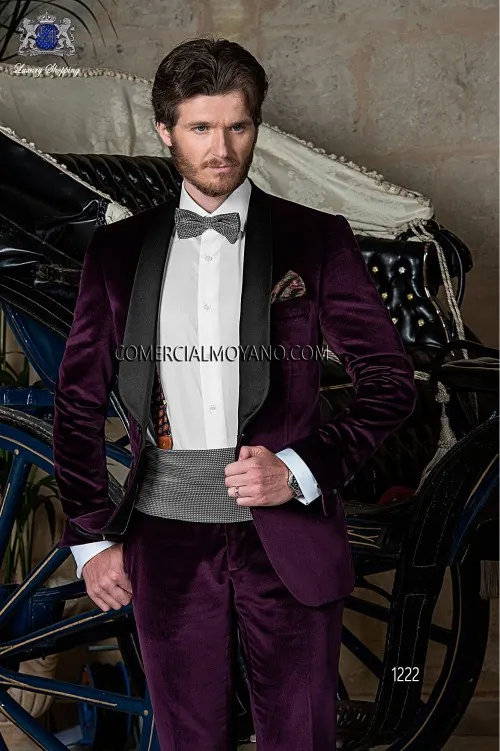 Fioletowy Velvet Groom Tuxedos Czarny Szal Kapel Groomsmen Suknia Ślubna Jesień Winter Style Mężczyźni Formalny Party Prom Suit (Kurtka + Spodnie + Krawat) 766