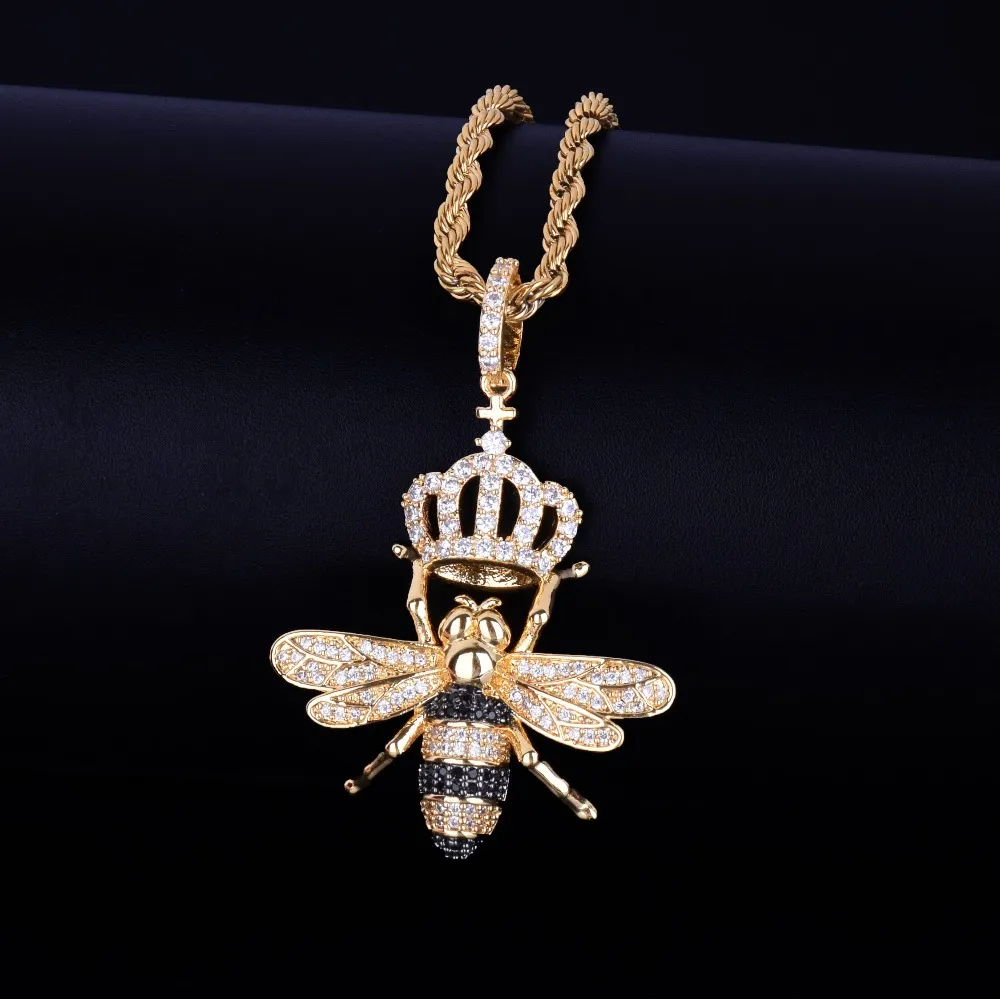 Animal Couronne Abeille Collier Pendentifs Or Argent Couleur Iced Cubic Zircon Hommes Hip Hop Bijoux Avec Chaîne De Tennis