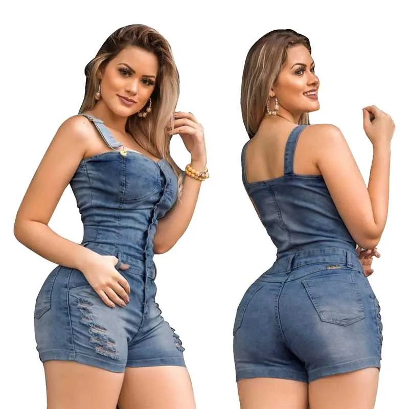 Slim mouwloze jeans jumpsuit denim speelsuit voor vrouwen 2020 knoppen plus size elegantie katoen vrouw dames kort romper