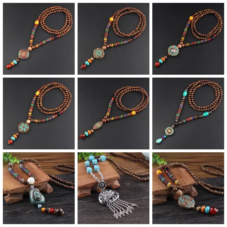 SEDmart Retro Ethnic Wood Lotus Buddha Statue Pendant Necklaces for Women Nepalese Mantra Wooden/Glass Beads Sweater Chain Gifts