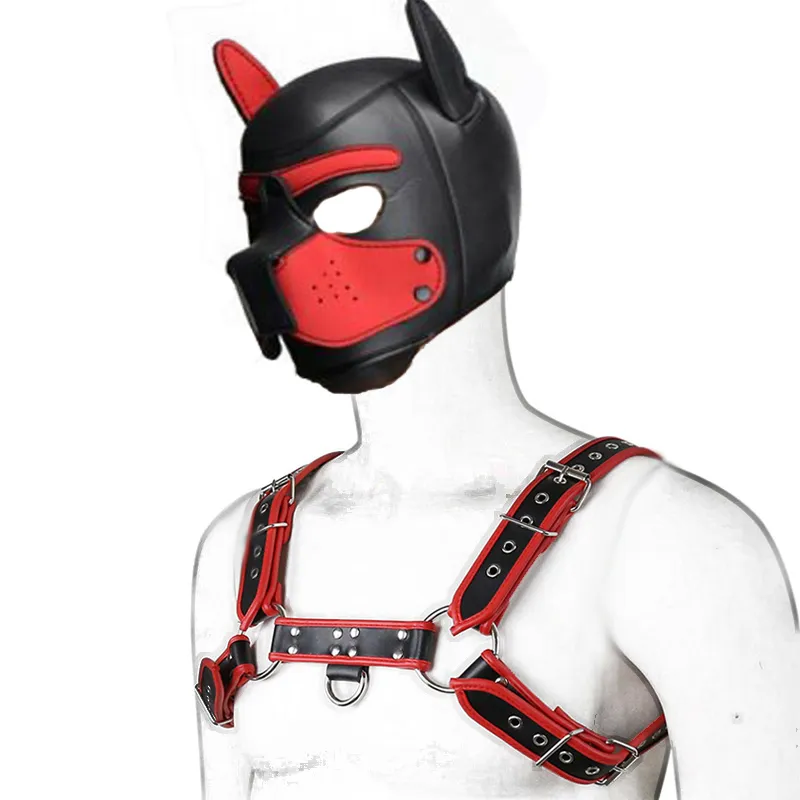 BDSM Puppy Play Dog Hood Mask Neck Collar Bondage Läder Mäns Bröst Harness Strap Sexig Kostym Fetish Dog Roll Spela Sexleksaker För Par