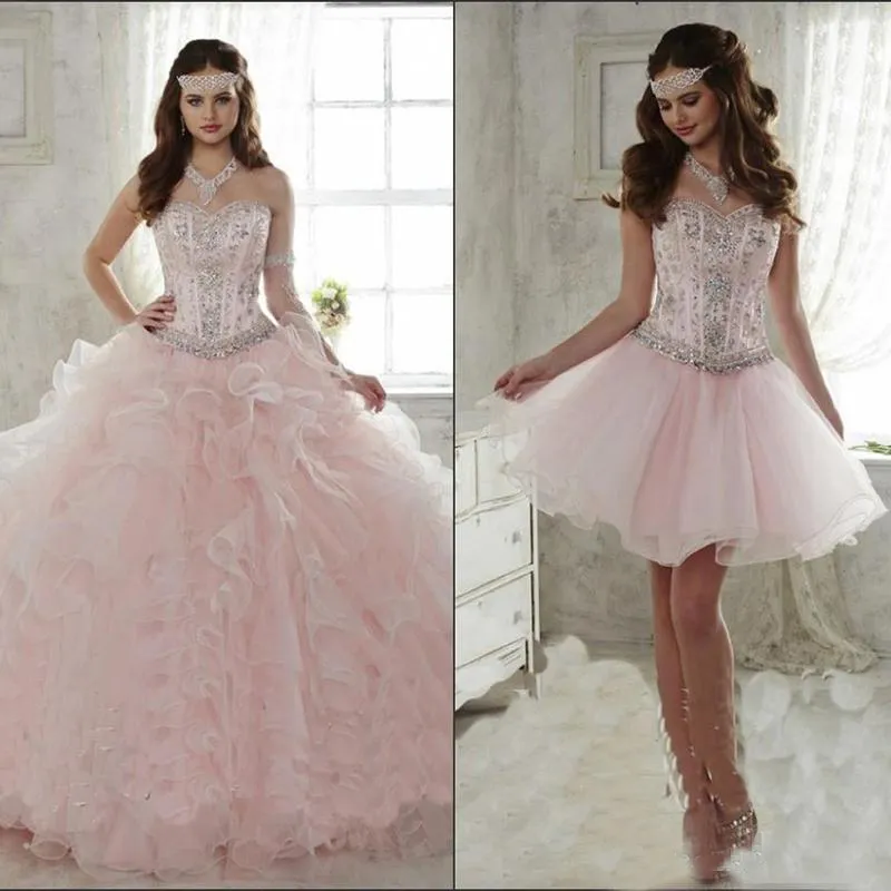 Rosa quinceanera klänningar med avtagbar kjol 2020 Crystal Beaded Sweetheart Organza Ruffled Sweet 15 Party Dresses Girls Masquerade Klänningar