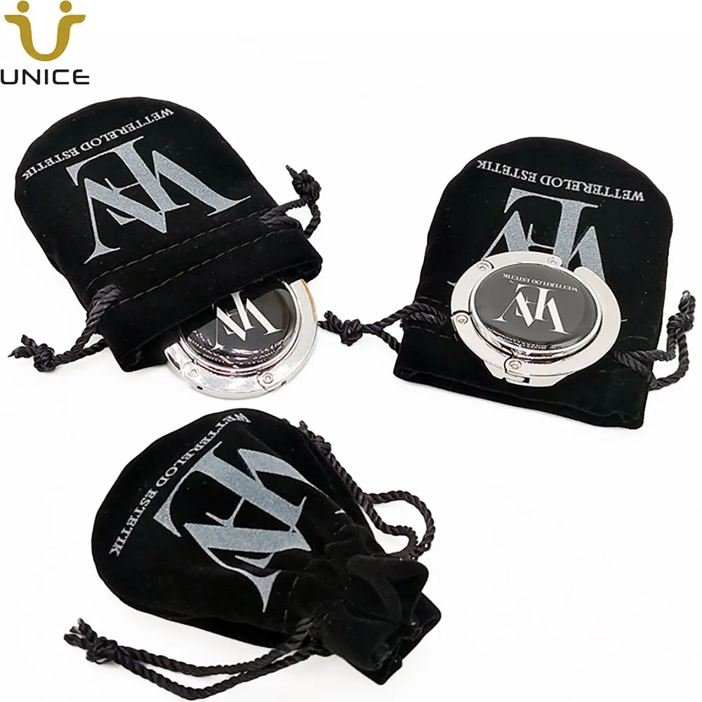 MOQ 50 PC 사용자 정의 로고 접이식 가방 옷걸이 미러 인쇄 선물 벨벳 지갑 홀더 핸드백 테이블 후크