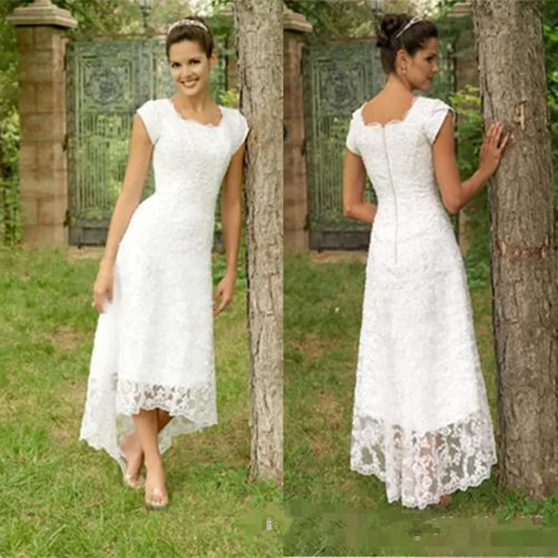 새로운 풀 레이스 해변 웨딩 드레스 라인 보석 짧은 소매 높은 신부 가운 더하기 크기의 웨딩 드레스
