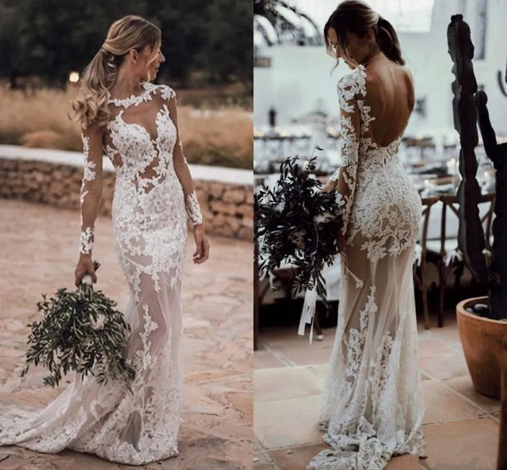 Maniche lunghe Berta Splendidi abiti da sposa a sirena Abito da sposa sexy con applicazioni in pizzo pieno e trasparente Abiti da sposa senza schienale