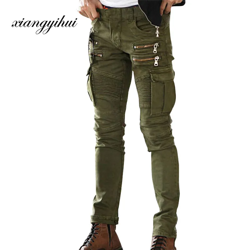 Army Green Black Mens Dżins Biker Dżinsy marki Mężczyźni rozciągają chude moto Pencil Pants Runway Zakres motocyklowy dżinsy