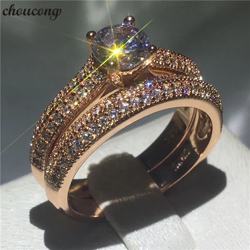 Choucong Echtes 6 -mm -Diamantring -Set Roségold gefüllt 925 Silber Engagement Ehering Bandringe für Frauen Schmuck