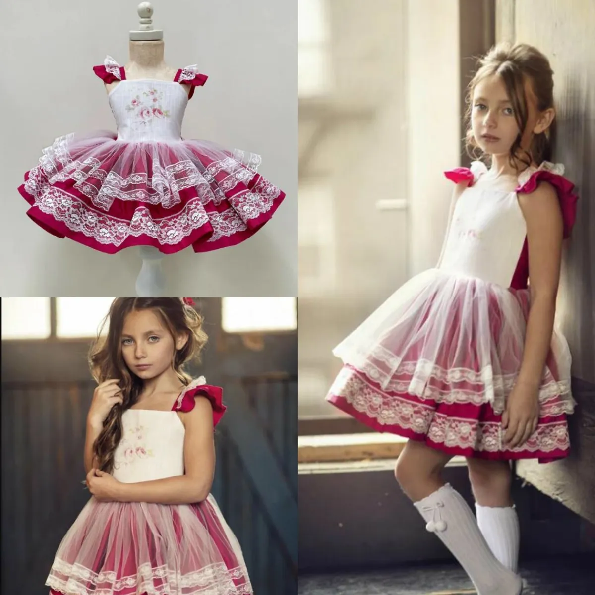 Krótkie Mini Kwiaty Dziewczyny Sukienki Do Wesele Kwadratowe Koronkowe Aplikacje Kwiat Dzieci Pagewne Suknie Wielopięciowe Tutu Birthday Party Dress