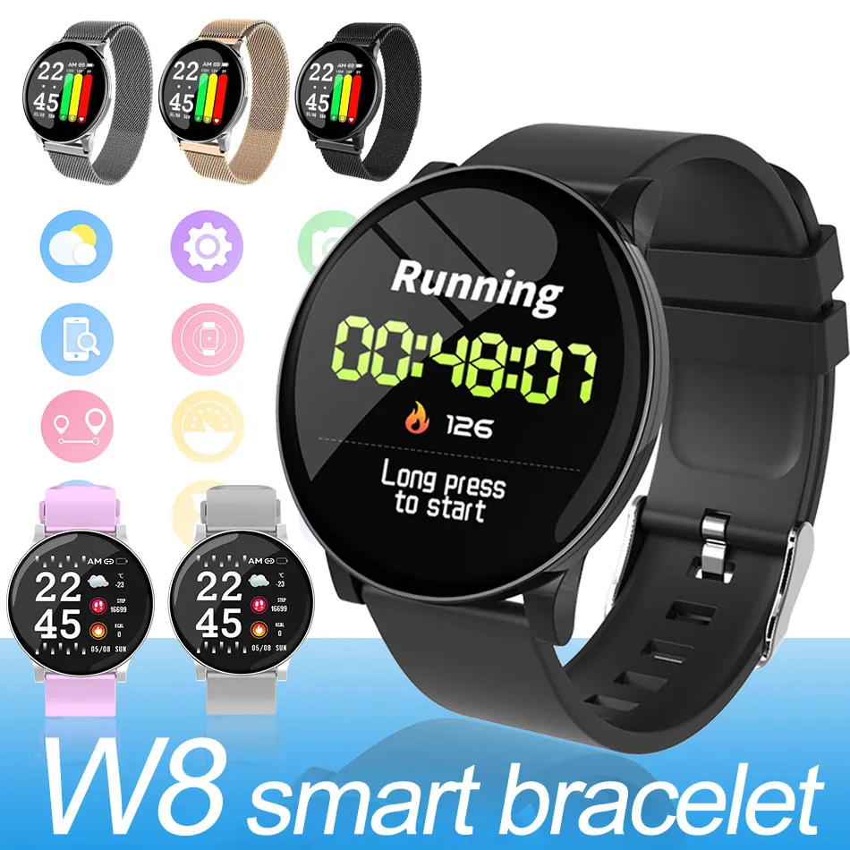 W8 Smart Watch Monitor Inteligente Fitness Tracker Sport Silicone Pulseira IP67 SmartWatch dispositivos Android compatíveis com caixa de varejo